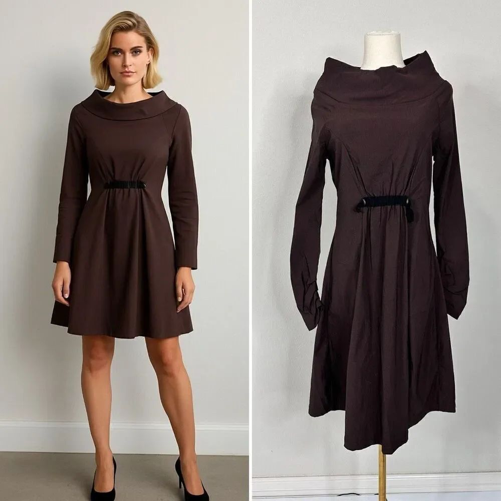 NOBLU Brown Cowl Neck Long Sleeve Dress S Avant Garde Minimalist Edgy Atomic